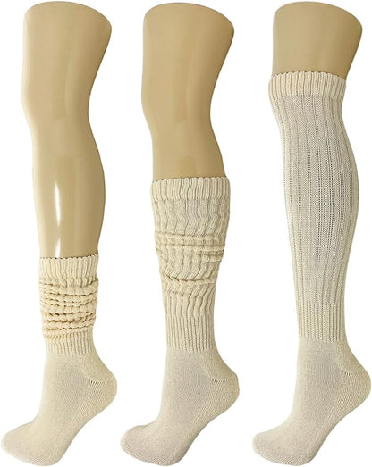 Extra-Long Heavy Cotton Slouch Boot Socks for Women – 3 Pairs, Soft & Warm, Stretchy Over-The-Calf, Shoe Size 5-10